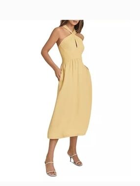 REISS Orla Butter Yellow Halter Midi Dress Crossover Neck Keyhole US Size 8